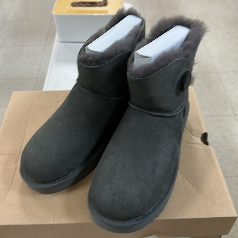Ugg Mini Bailey Button in Gray Suede Boots with Button Detail - Picture 5 of 6